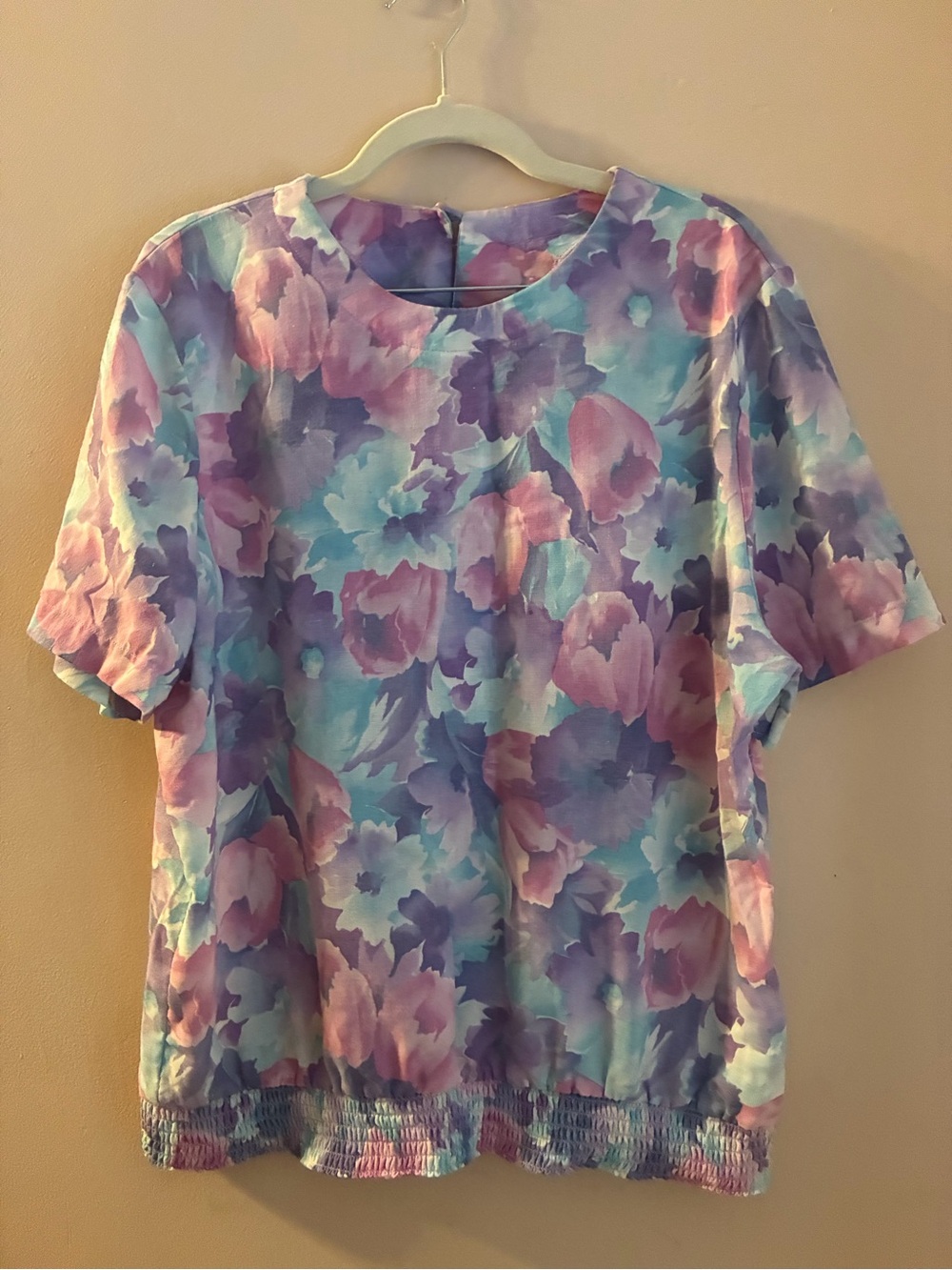 Vintage Floral Short-Sleeve Blouse in Pink, Blue & Purple